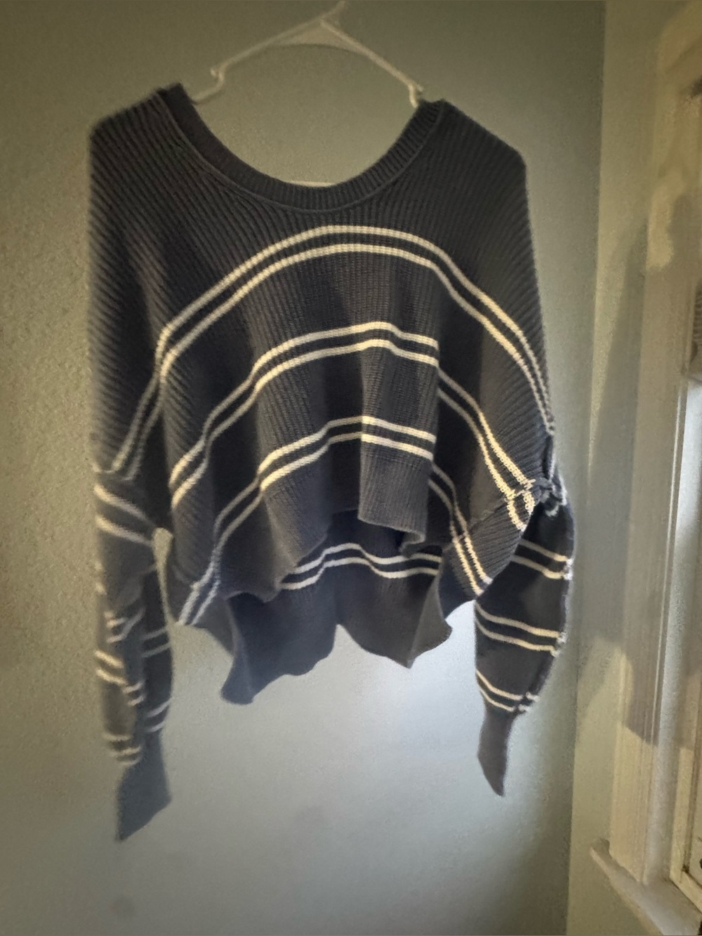 aerie Navy and White Striped Cropped Crewneck Sweater